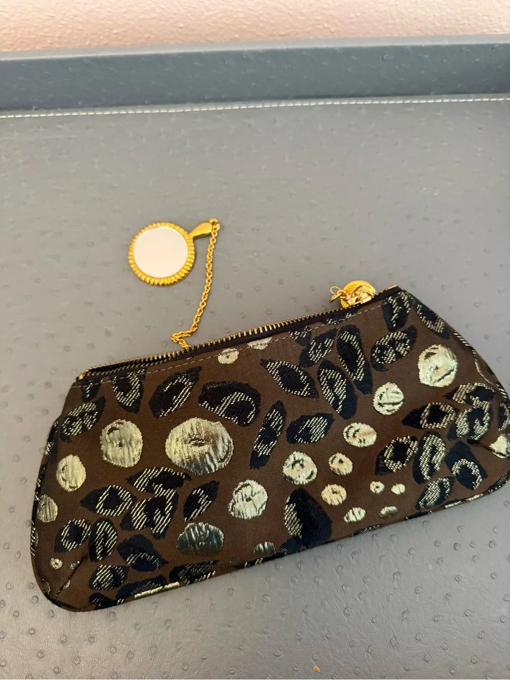 Amanda Pearl Gold & Black Leopard Print Zip Clutch with Matching Mirror